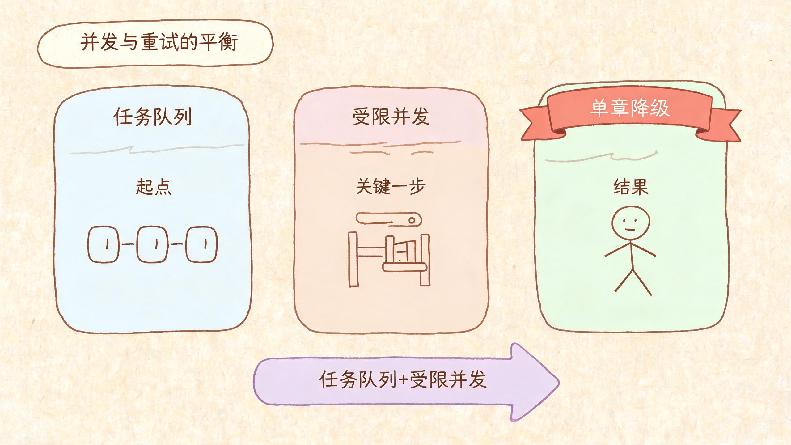 并发与重试的平衡：任务队列 + 受限并发 + 单章降级